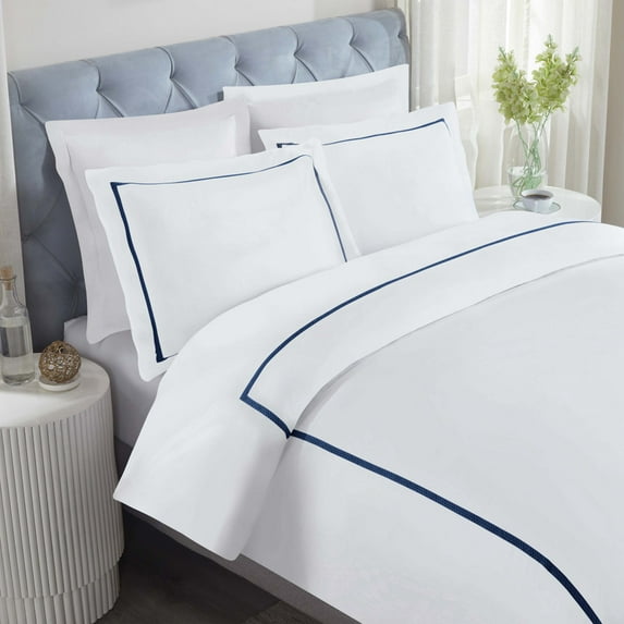 Superior Riverton Embroidered Cotton Duvet Cover Set, King/California King, White/Navy Blue