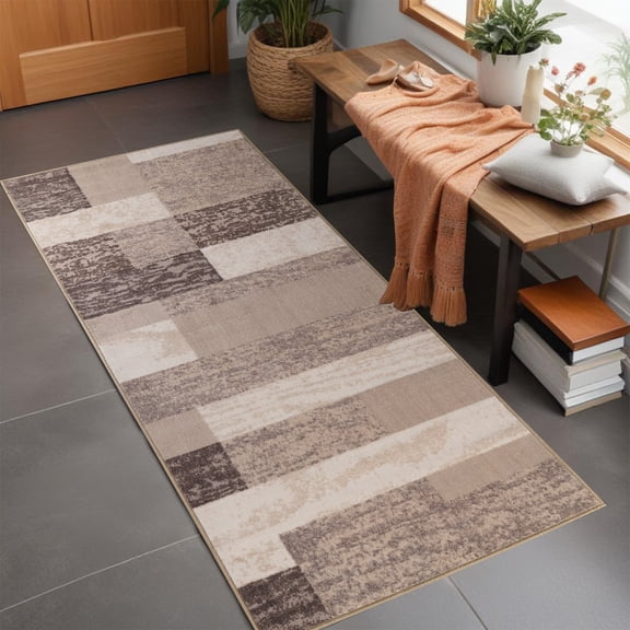 Superior Rockwood Geometric Blocks Washable Indoor Runner Rug, 2' 7" x 6', Blue - Taupe