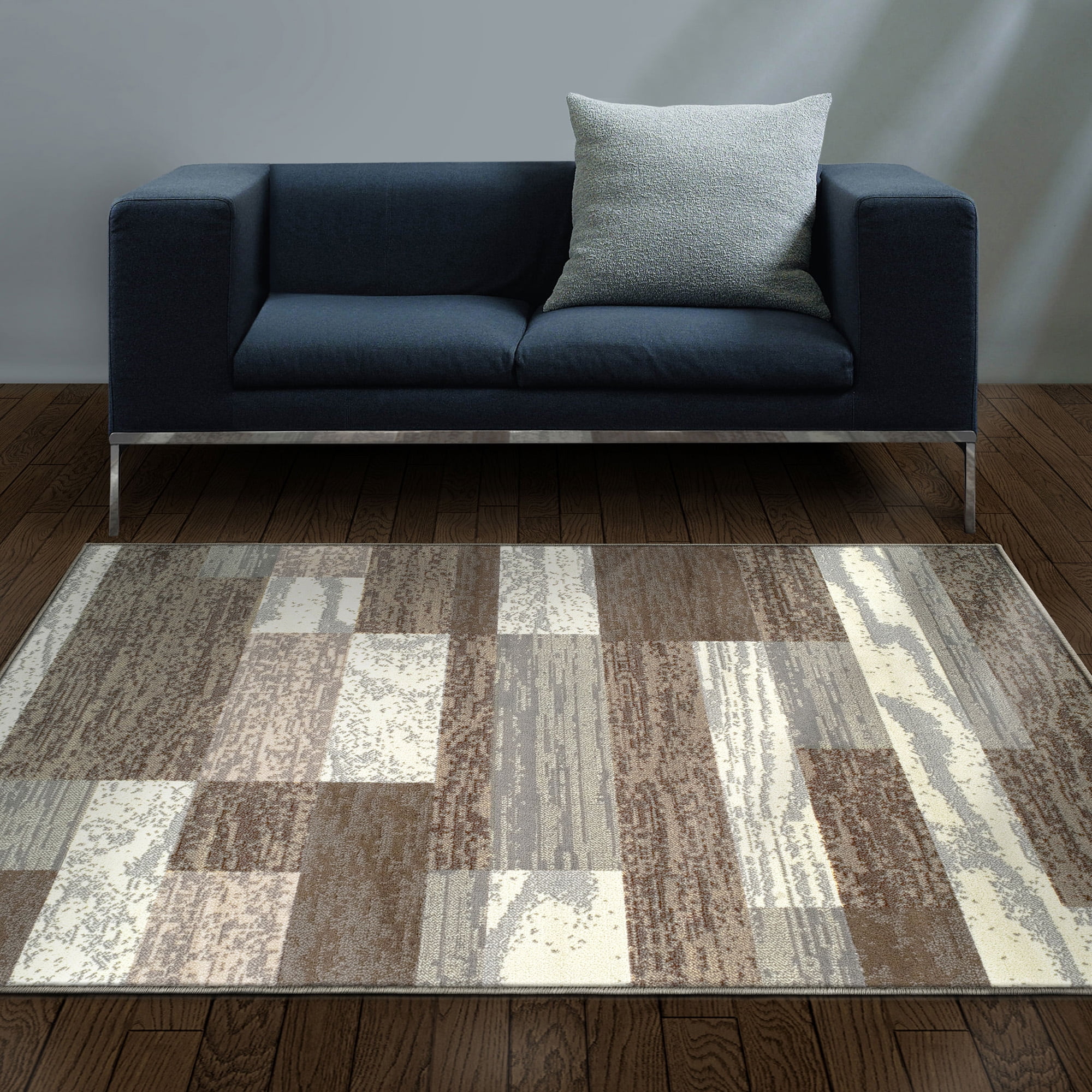 Light Blue and Ivory Geometric Patchwork Washable Rug