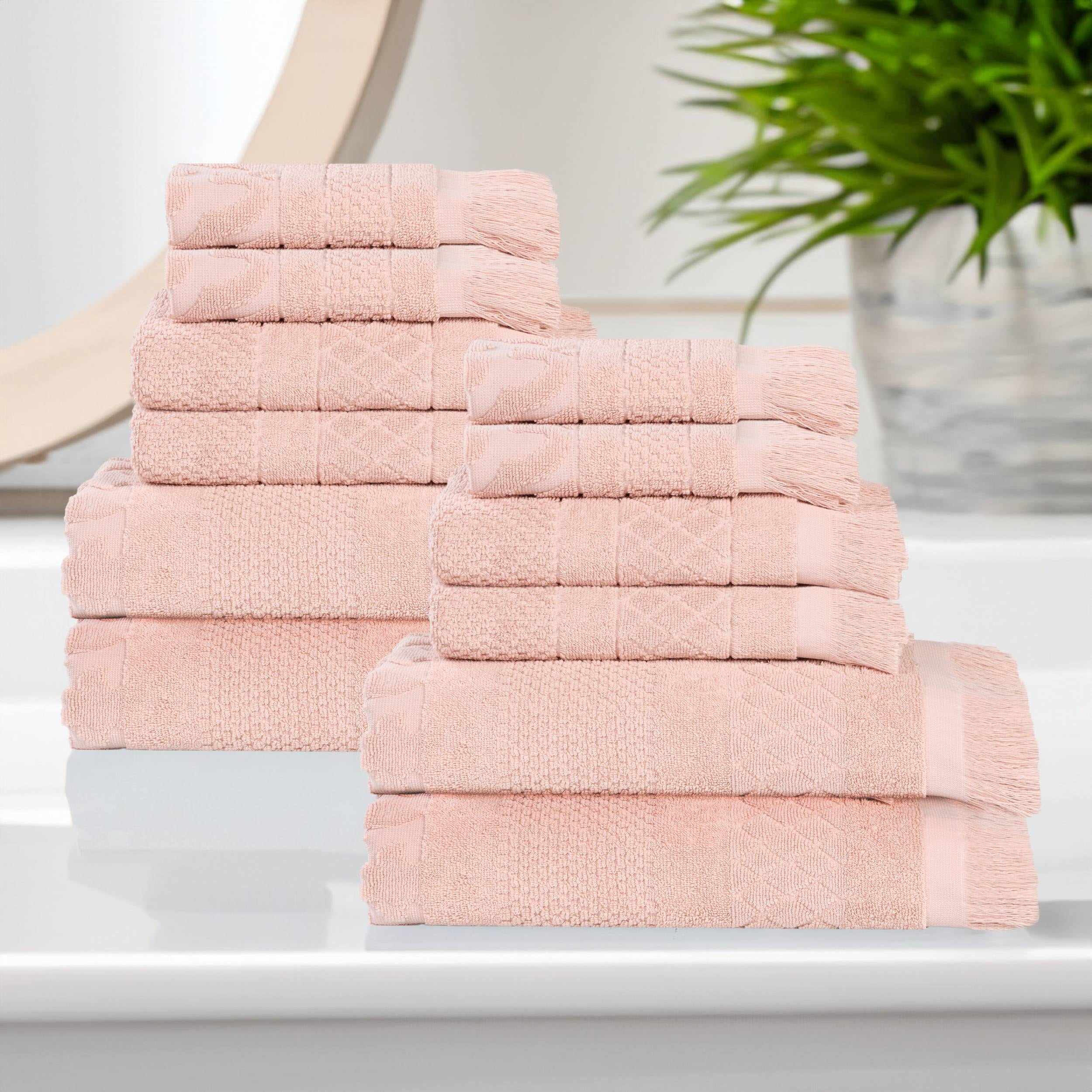 Superior Rolla Geometric Cotton 12 Piece Towel Set, Quick-Dry Ultra Soft Towels, Pink