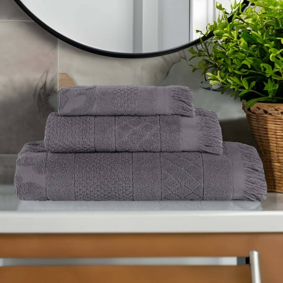 Superior Rolla Cotton Geometric Soft 3 Piece Towel Set, Grey