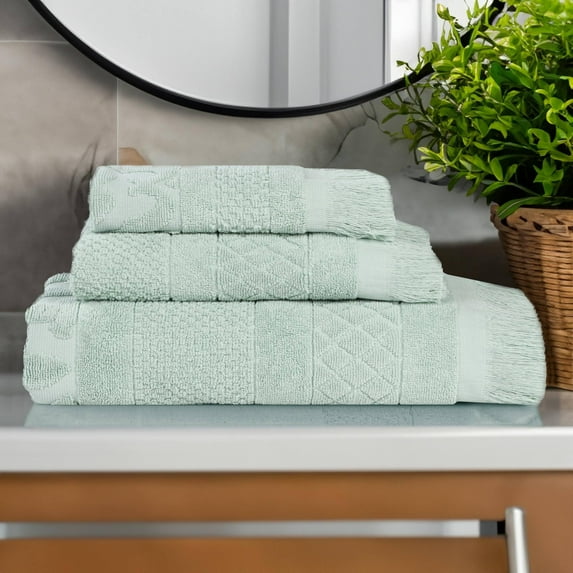 Superior Rolla Cotton Geometric Soft 3 Piece Towel Set, Sage