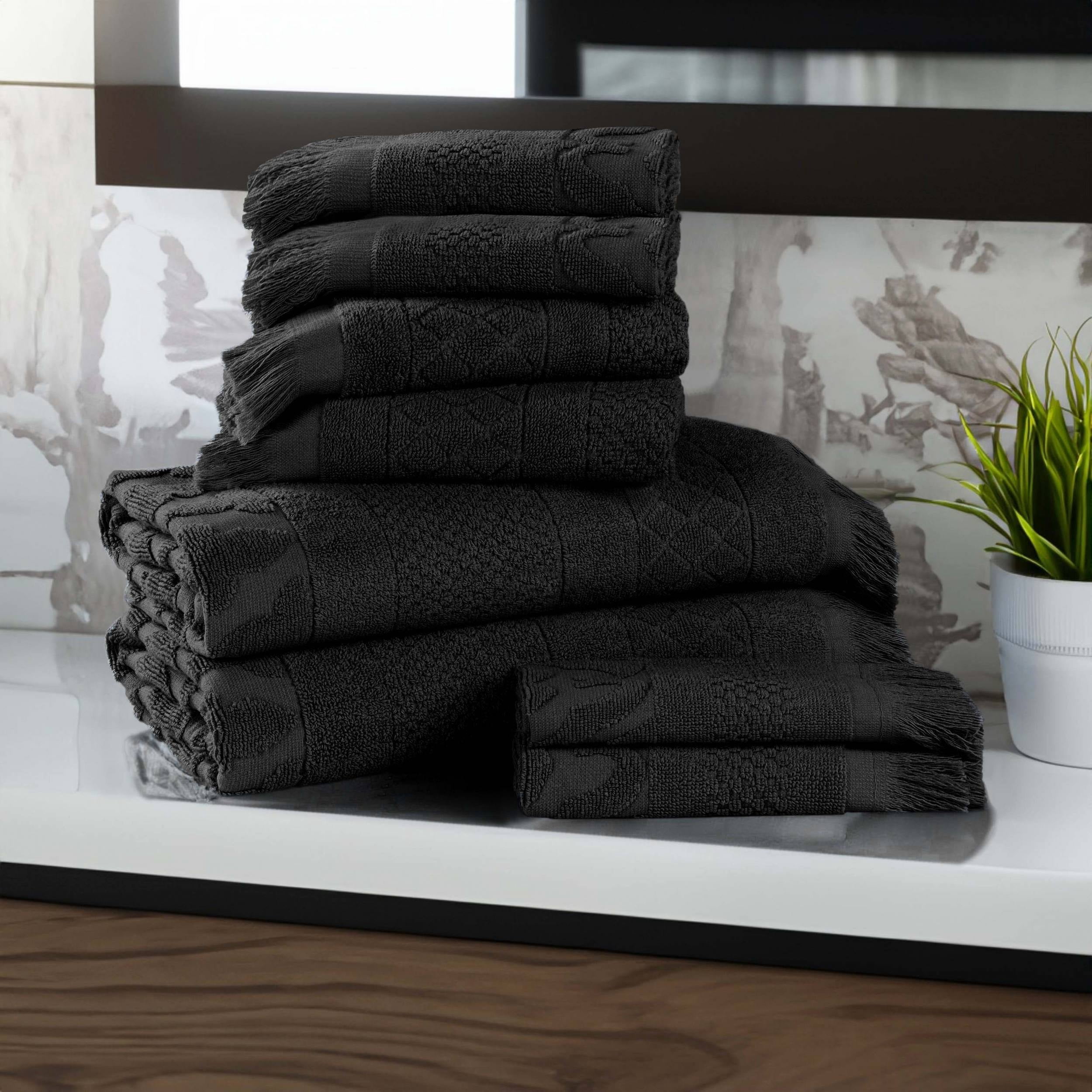 Superior Rolla Geometric Cotton 8 Piece Towel Set, Quick-Dry Ultra Soft Towels, Black