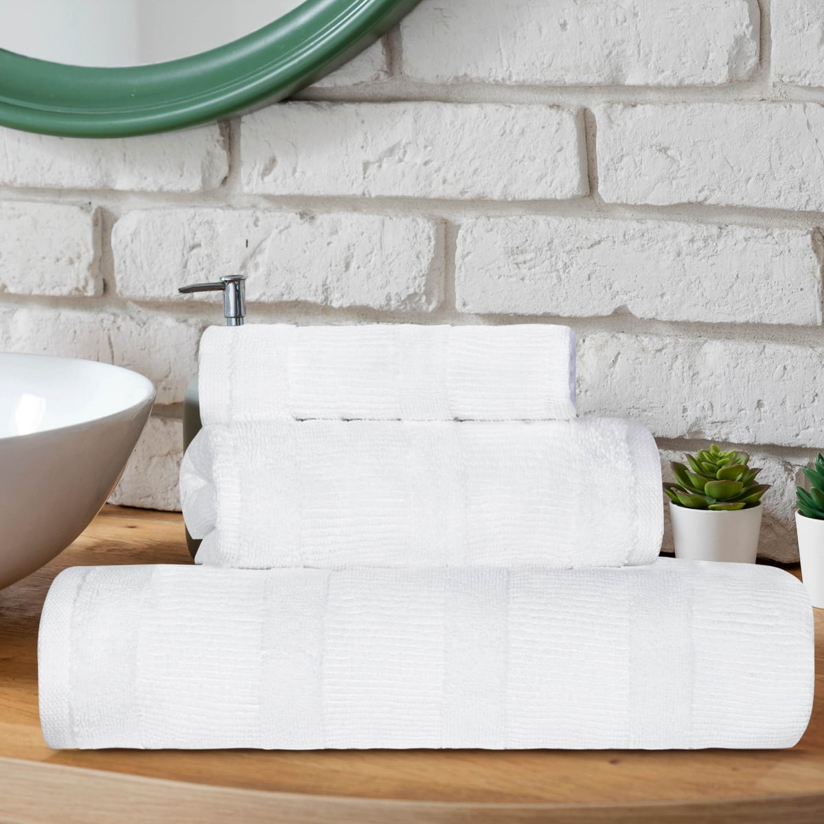 White Ribbed Turkish Cotton 3 Piece Bath Towel Set