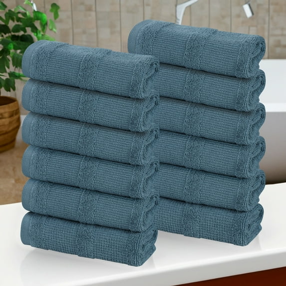 Superior Roma Cotton Face Towels/Washcloths, Set of 12, Denim Blue