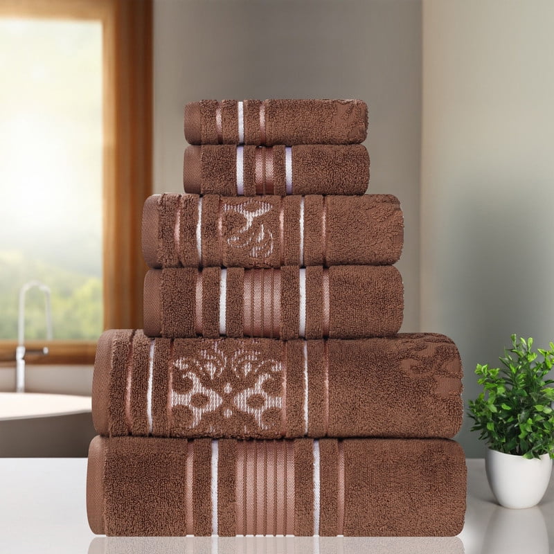 Superior Sadie Zero Twist Cotton Floral 6 Piece Towel Set, Chocolate