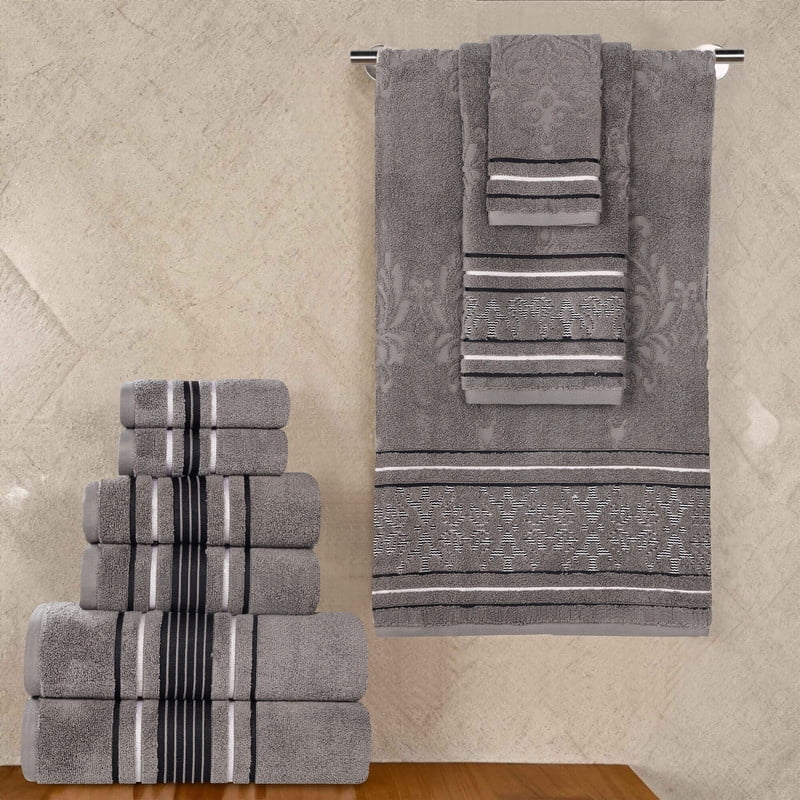 Superior Sadie Zero Twist Cotton Floral 9 Piece Towel Set, Charcoal