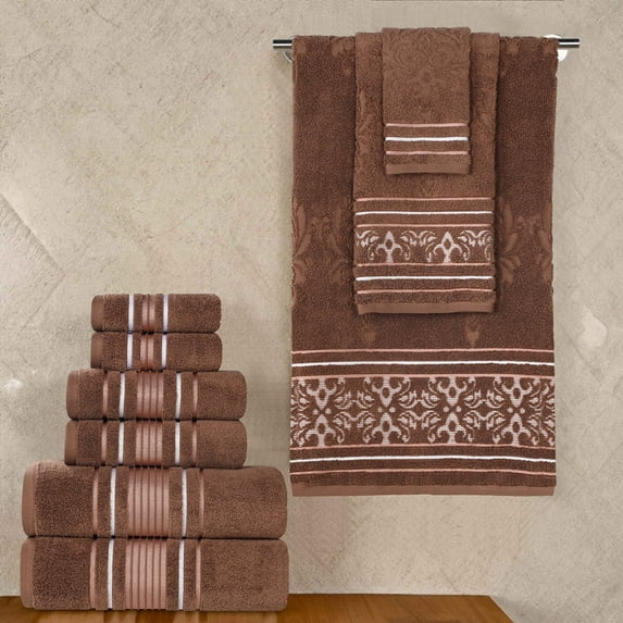 Superior Sadie Zero Twist Cotton Floral 9 Piece Towel Set, Chocolate