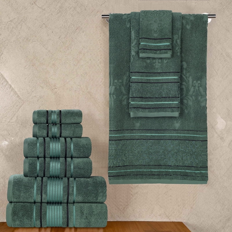 Superior Sadie Zero Twist Cotton Floral 9 Piece Towel Set, Forest Green