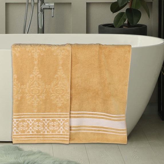 Superior Sadie Zero Twist Cotton Floral Bath Sheet Set of 2, Ultra Soft Towels, Gold