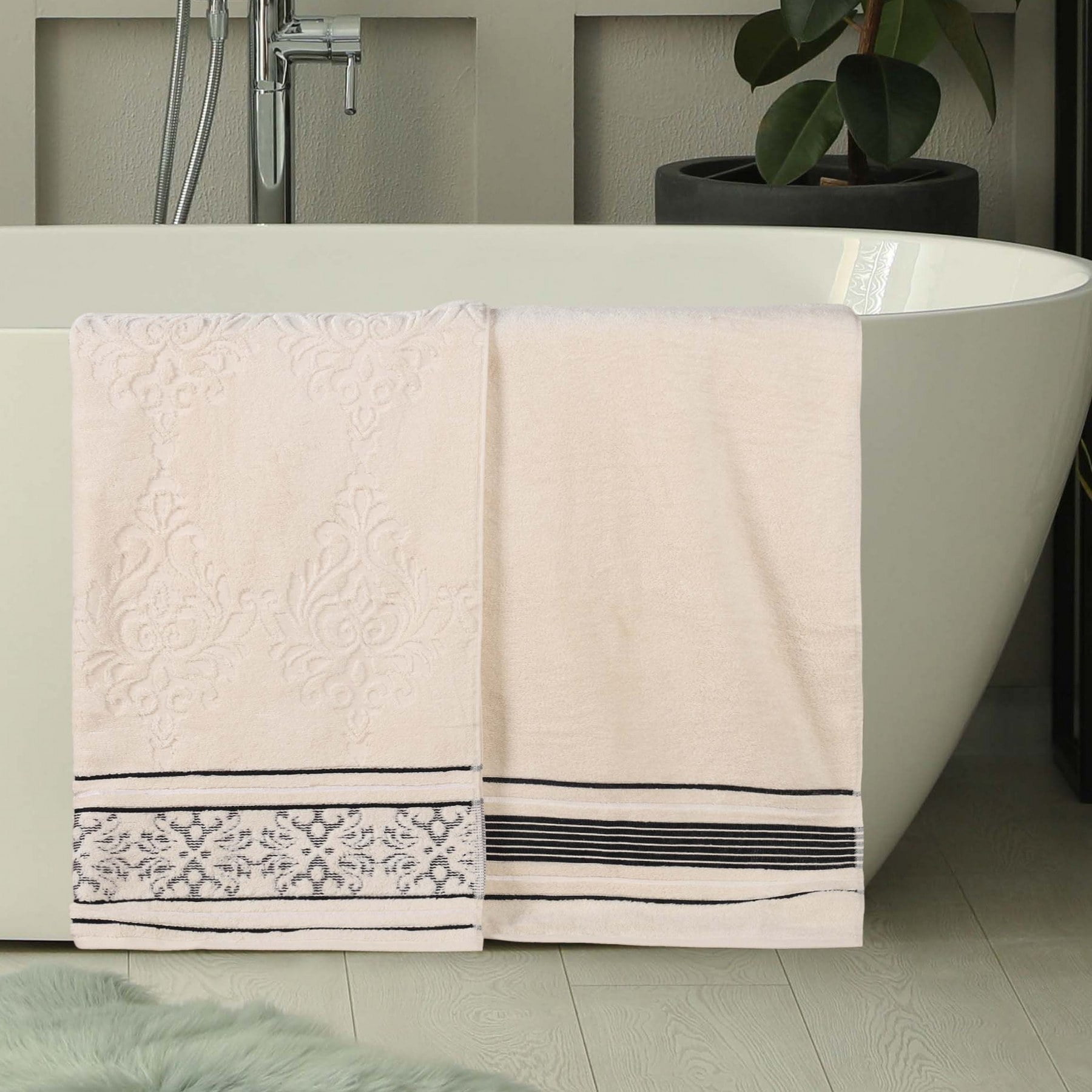 Superior Sadie Zero Twist Cotton Floral Bath Sheet Set of 2, Ivory