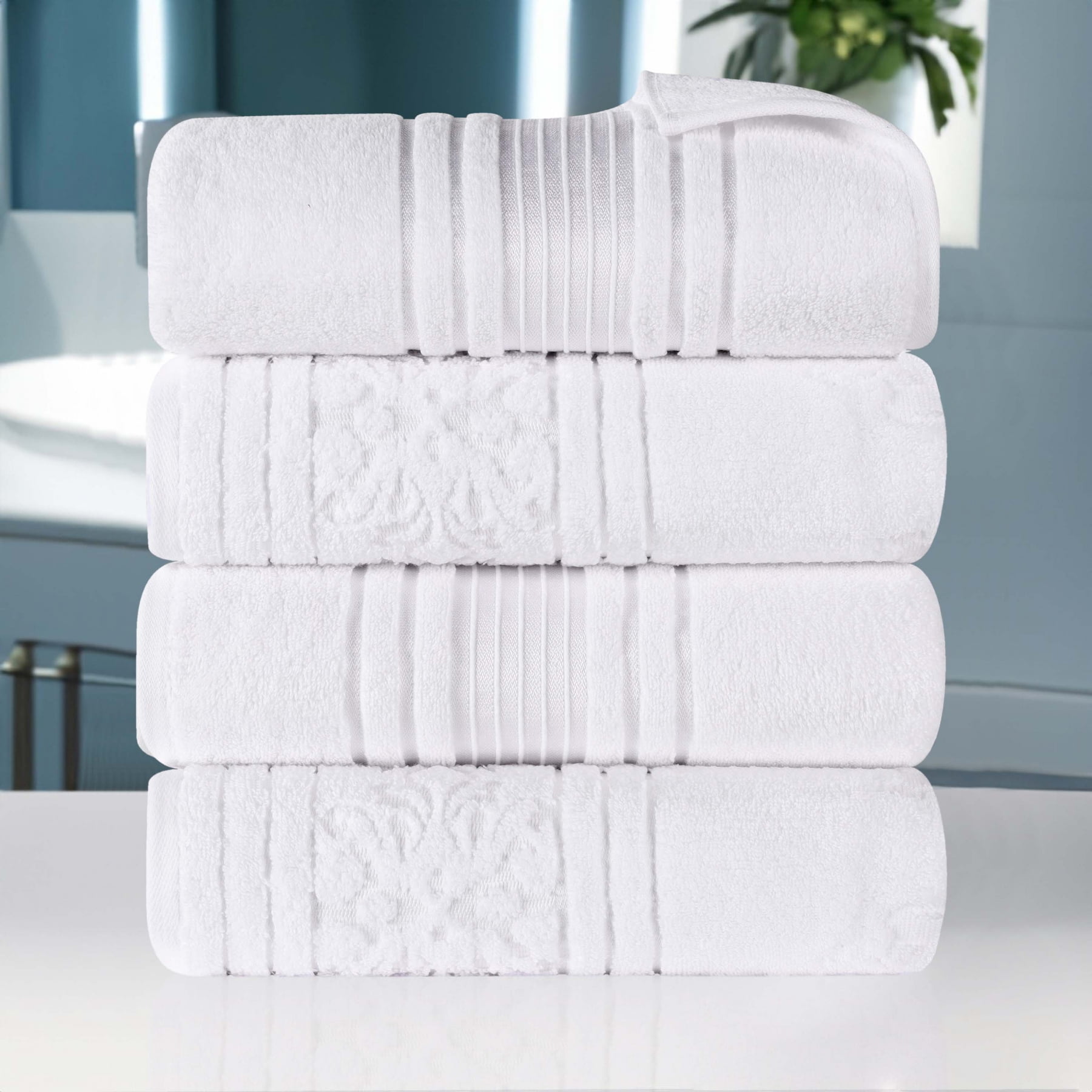 Superior Sadie Zero Twist Cotton Floral Bath Towel Set of 4 , White