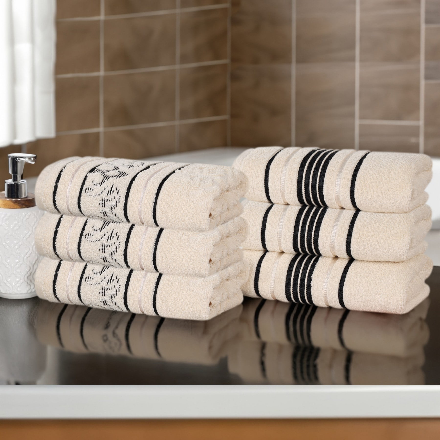 Superior Sadie Zero Twist Cotton Floral Hand Towel Set of 6, Ivory