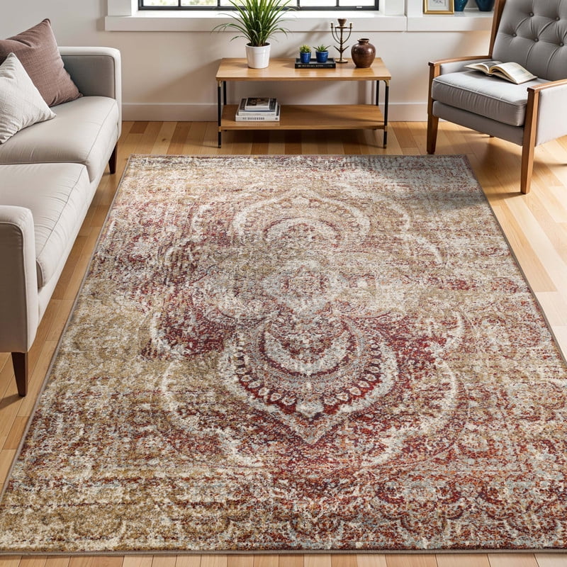 Maroon Medallion Pattern Synthetic 3' x 5' Area Rug