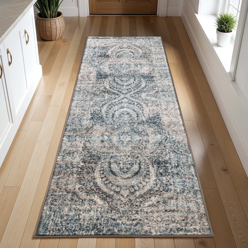 Blue-Beige Medallion Synthetic Runner Rug, 2' 7" x 8'