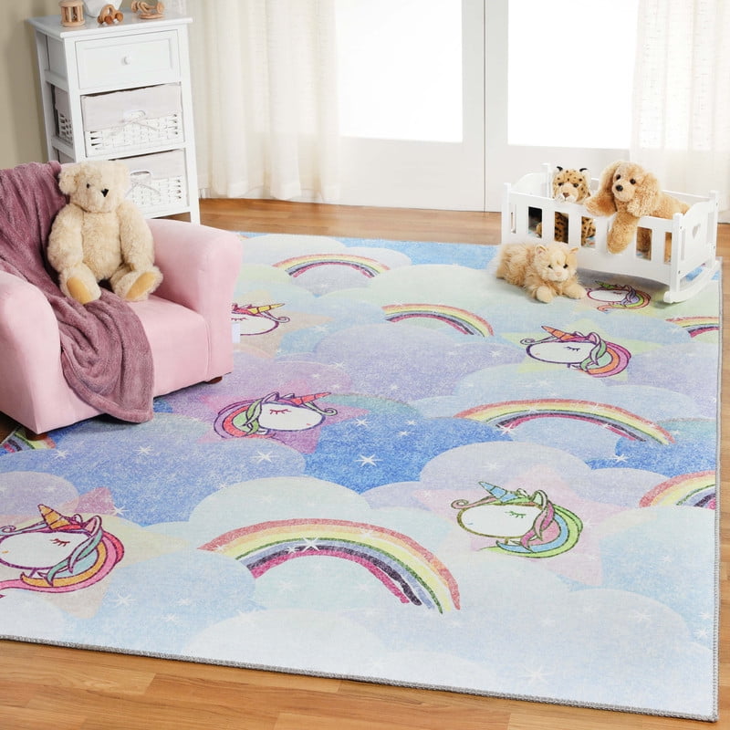 Superior Unicorn Non-Slip Washable Indoor Play Rug, 5' x 7' 6", Sapphire Blue