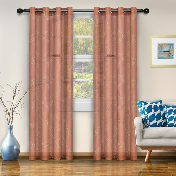 Superior Semi-Sheer Moroccan Printed Curtain Set of 2, 52" x 63", Rust