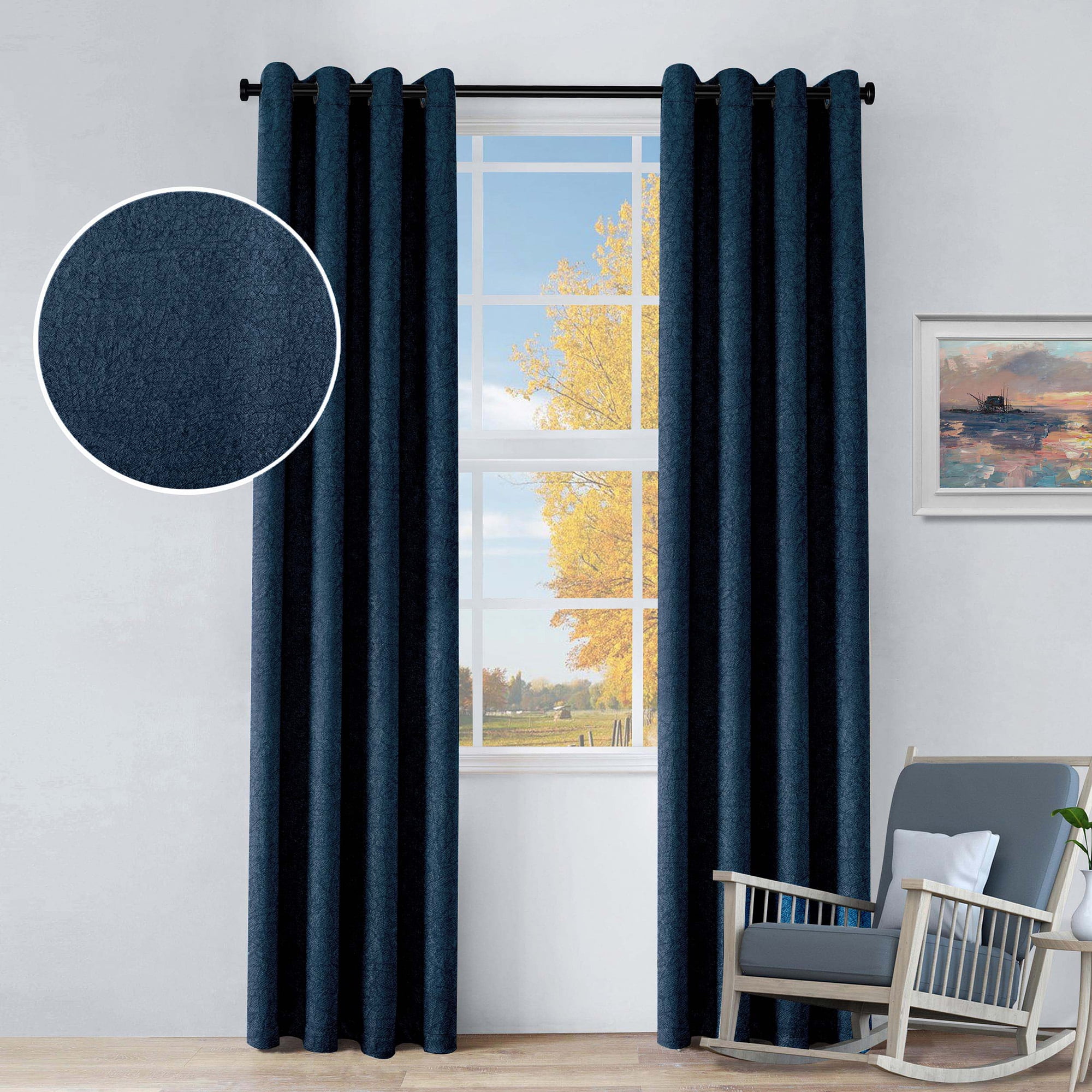 Superior Senna Blackout Curtains Set of 2, Grommet Header Curtain Panel Pair, Navy Blue, 52"W x 63"L