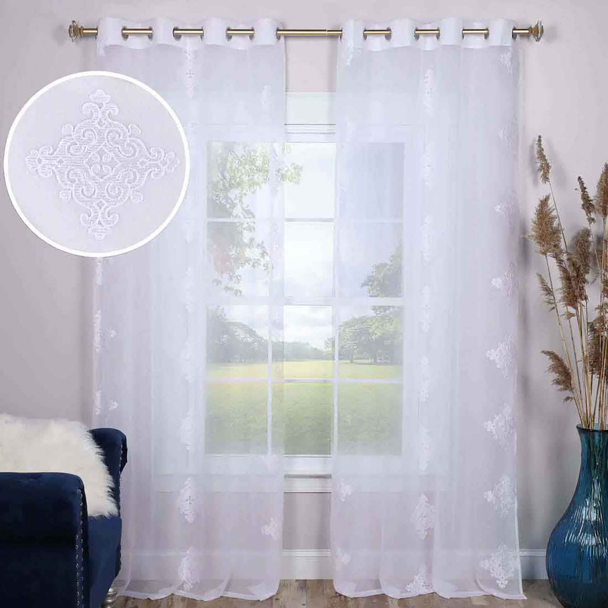 White 96" Sheer Damask Grommet Curtain Panel Set