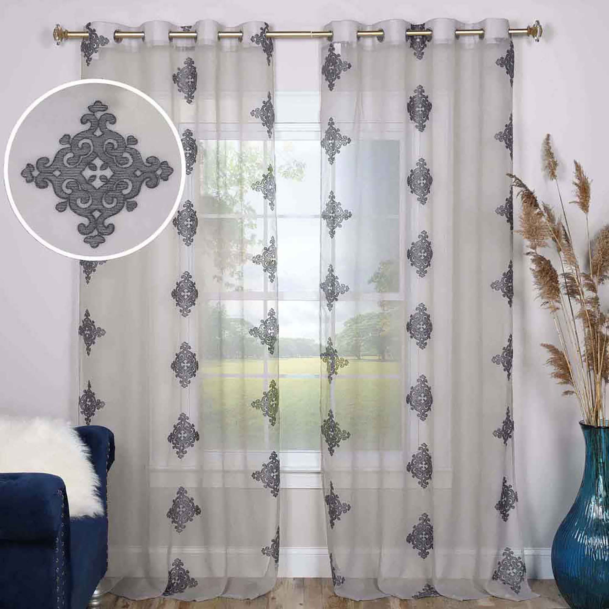Charcoal Sheer Polyester Grommet Curtain Panels, 108" x 52"