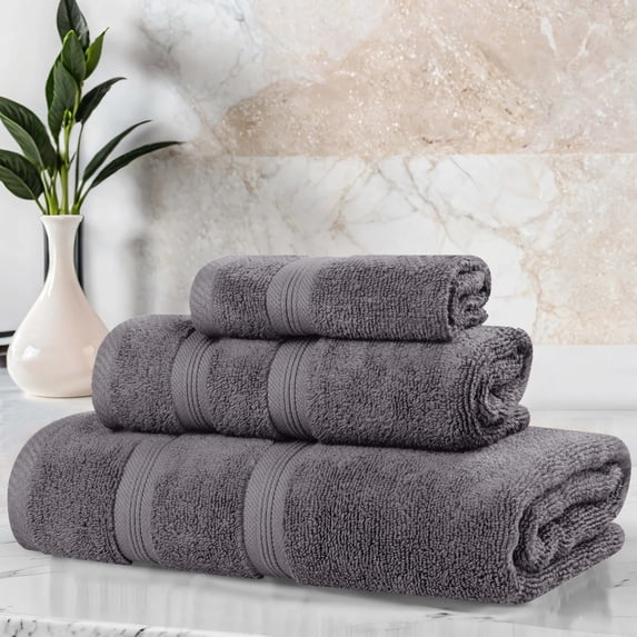 Superior Smart Dry 3-Piece Zero Twist Soft Cotton Towel Set, Quick Dry Fade Resistant, Grey
