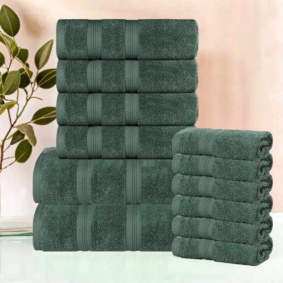 Superior Smart Dry 12-Piece Zero Twist Soft Cotton Towel Set, Quick Dry Fade Resistant, Forest Green
