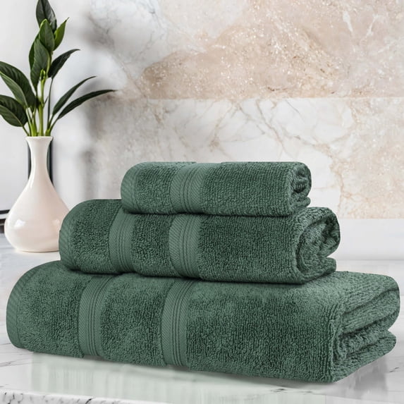 Superior Smart Dry 3-Piece Zero Twist Soft Cotton Towel Set, Quick Dry Fade Resistant, Forest Green