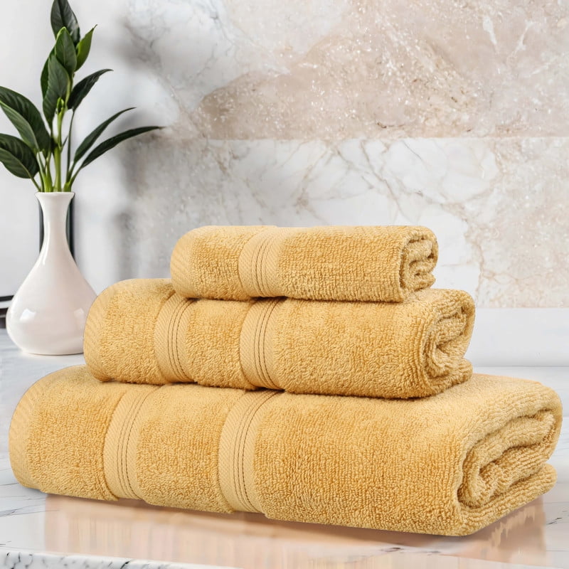 Superior Smart Dry 3-Piece Zero Twist Soft Cotton Towel Set, Quick Dry Fade Resistant, Gold