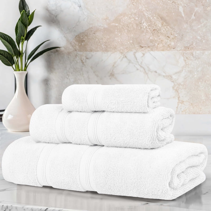 Superior Smart Dry 3-Piece Zero Twist Soft Cotton Towel Set, Quick Dry Fade Resistant, White