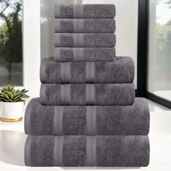 Superior Smart Dry 8-Piece Zero Twist Soft Cotton Towel Set, Quick Dry Fade Resistant, Grey