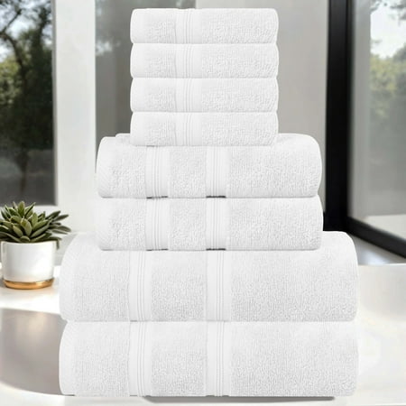 Superior Smart Dry 8-Piece Zero Twist Soft Cotton Towel Set, Quick Dry Fade Resistant, White