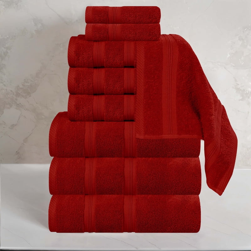 Superior Smart Dry 9-Piece Zero Twist Soft Cotton Towel Set, Quick Dry Fade Resistant, Crimson