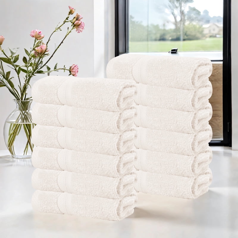 Superior Smart Dry 12-Piece Zero Twist Soft Cotton Face Towel Set, Quick Dry Fade Resistant, Ivory