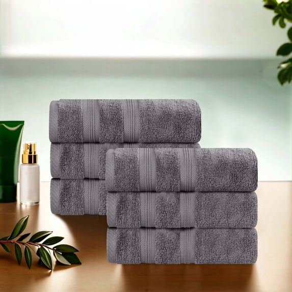 Superior Smart Dry 6-Piece Zero Twist Soft Cotton Hand Towel Set, Quick Dry Fade Resistant, Grey