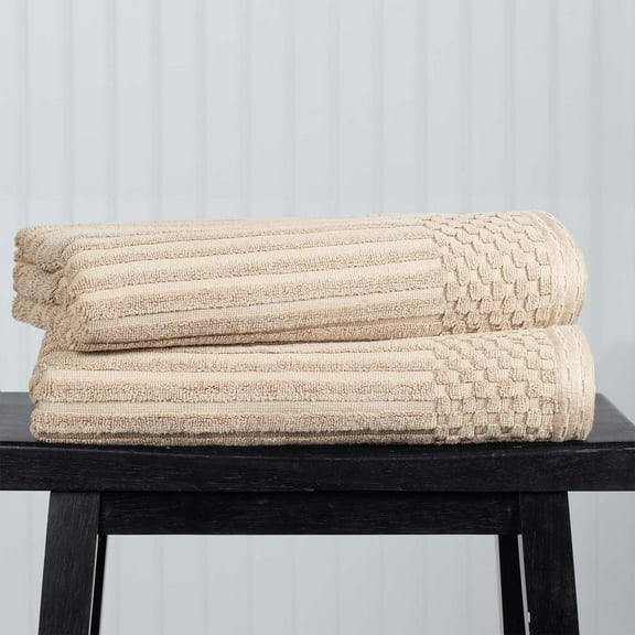 Superior Soho Ribbed Cotton Absorbent Bath Towel Set of 2, Ivory
