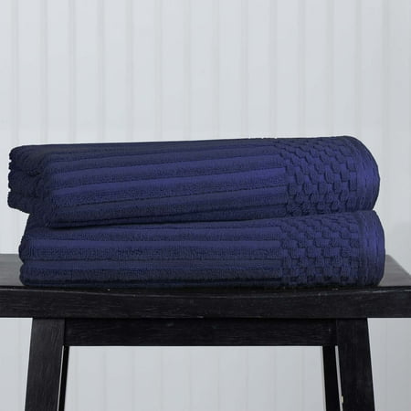 Superior Soho Ribbed Cotton Absorbent Bath Towel Set of 2, Navy Blue