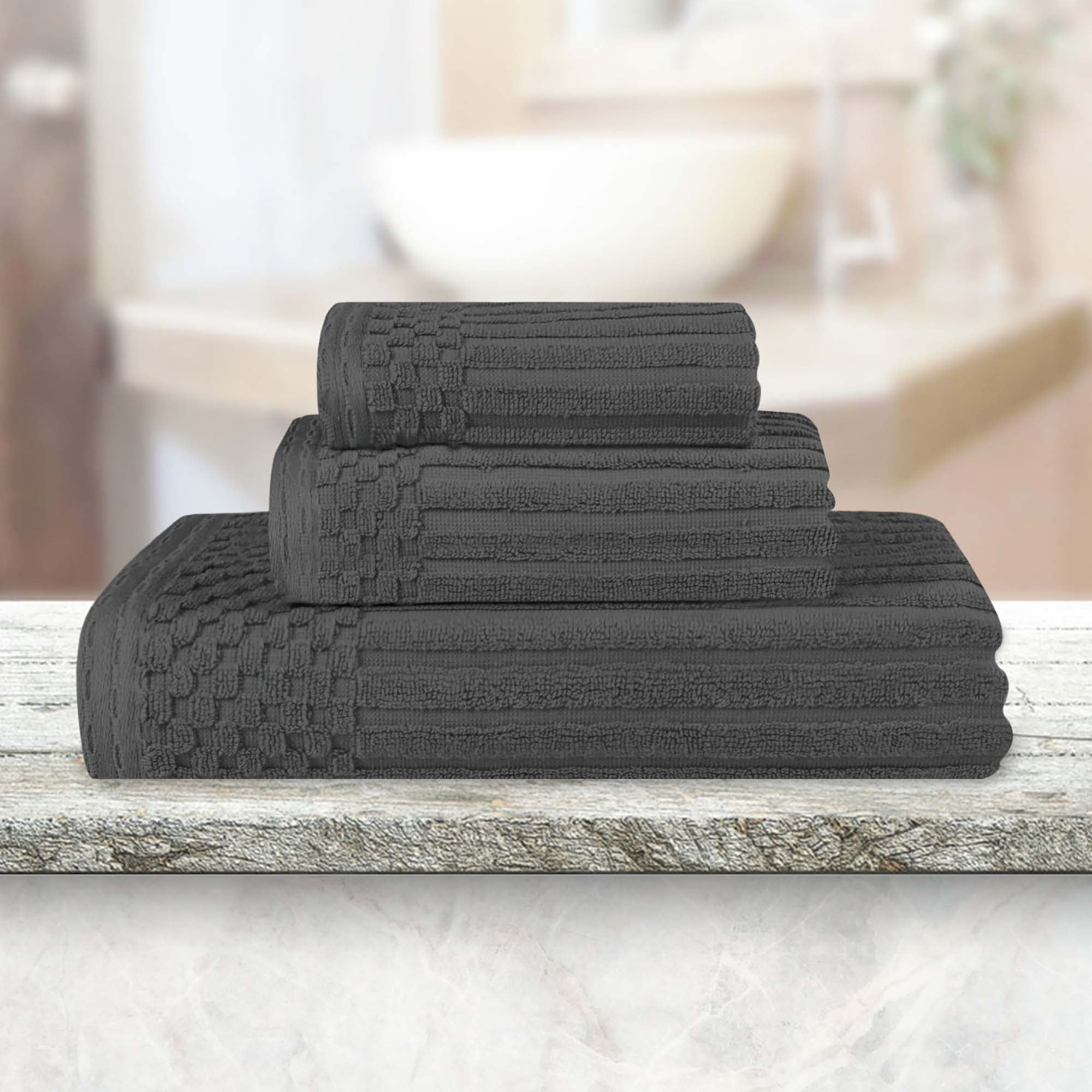Superior Soho Ribbed Cotton 3-Piece Assorted Towel Set, Charcoal