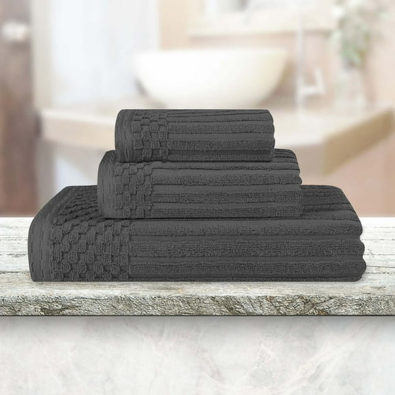 Superior Soho 3-Piece Ribbed Cotton Towel Set, Checkered Border Ultra Soft Towels, Charcoal