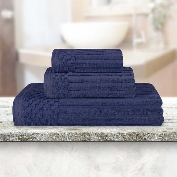 Superior Soho Ribbed Cotton 3-Piece Assorted Towel Set, Navy Blue