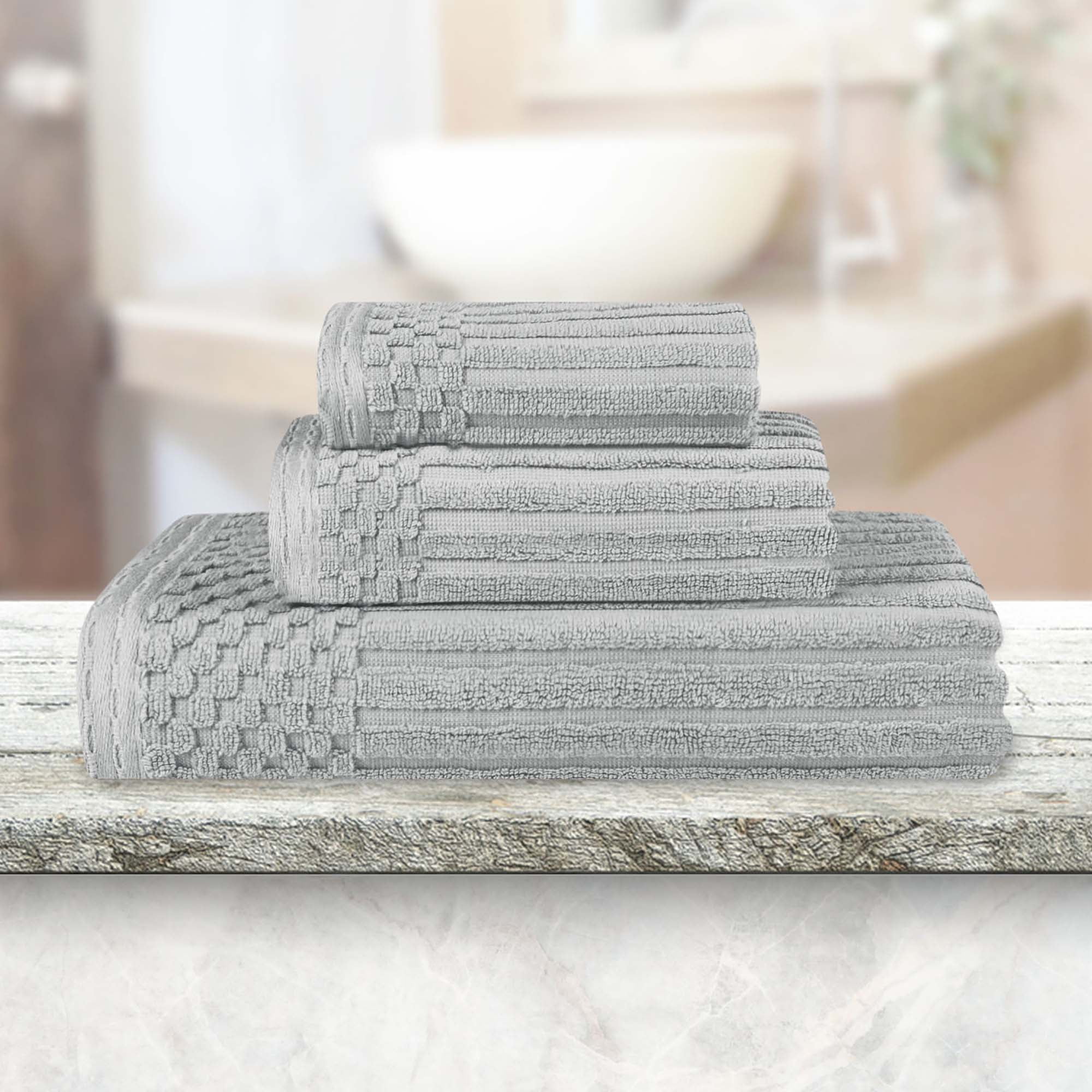 Superior Soho Ribbed Cotton 3-Piece Assorted Towel Set, Silver