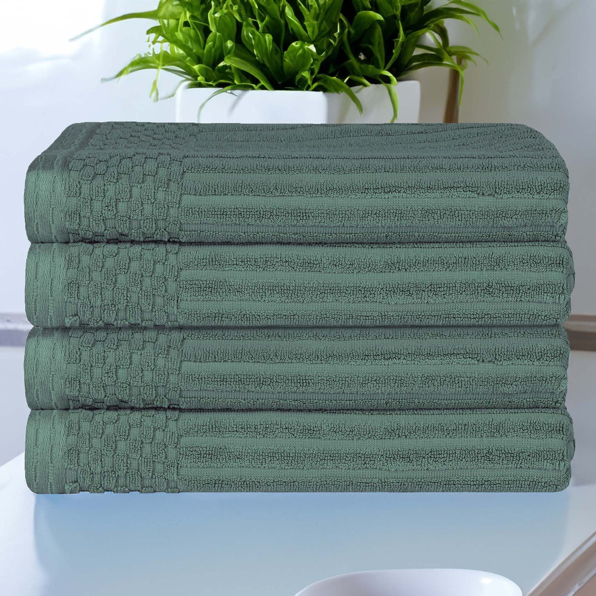 Superior Soho Ribbed Cotton Absorbent Bath Towel Set of 4, Basil