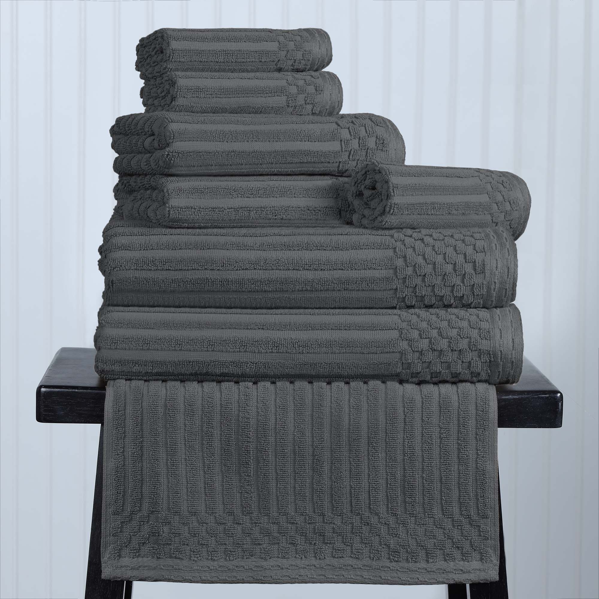 Superior Soho Ribbed Cotton 8-Piece Assorted Towel Set, Charcoal ...
