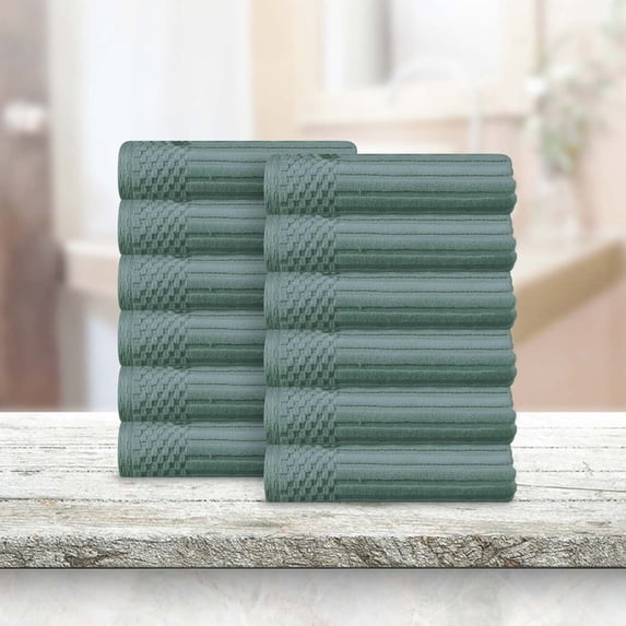 Superior Soho Ribbed Cotton Face Towel/Washcloth Set of 12, Basil