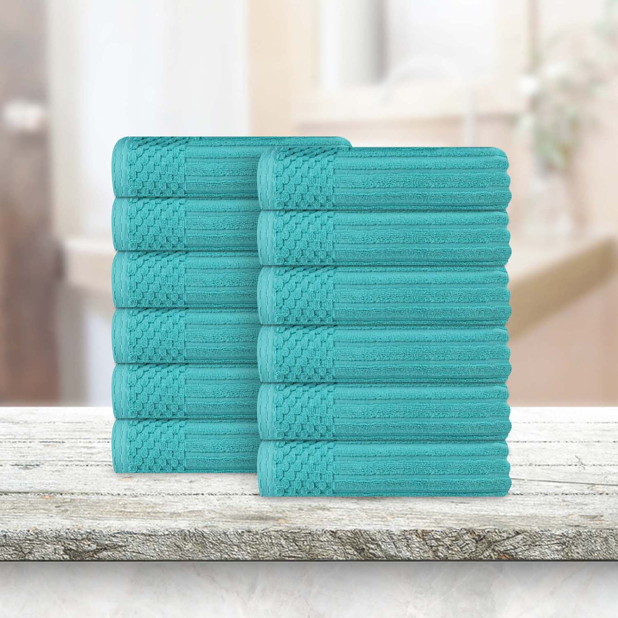 Superior Soho Ribbed Cotton Face Towel/Washcloth Set of 12, Turquoise