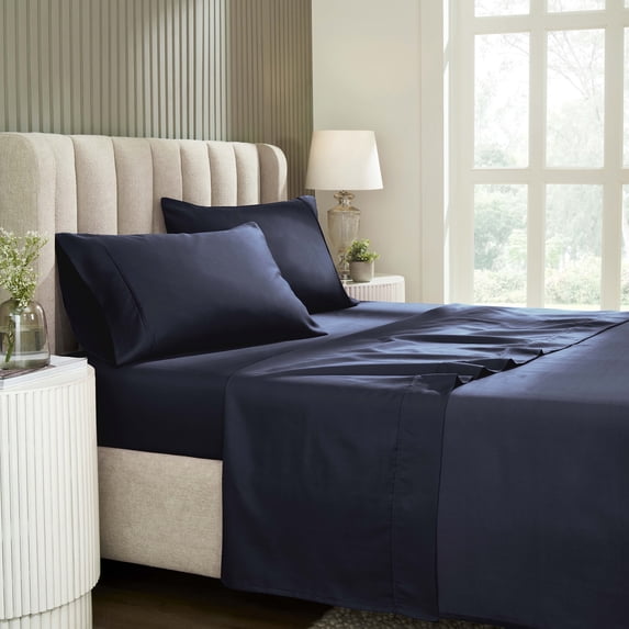 Superior Solid 1200-Thread Count Cotton Blend Sheet Set, Full, Navy Blue