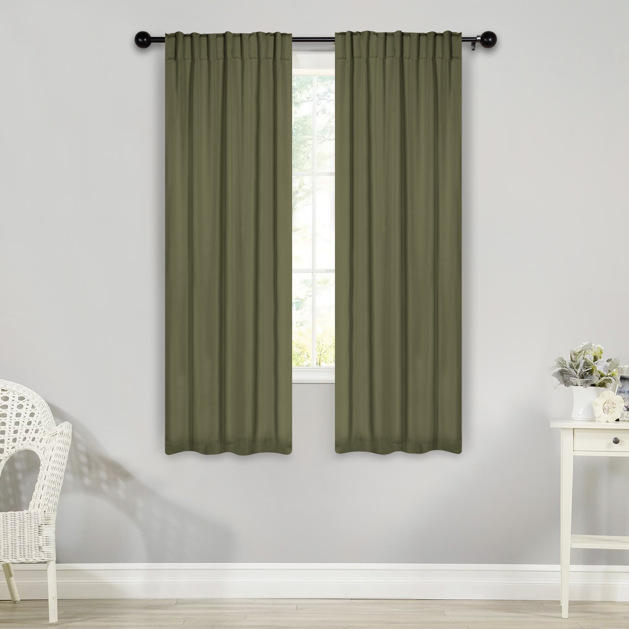 Superior Blackout Solid Light Filtering Back Tab Curtain Panel Set, 26" x 63", Olive Green