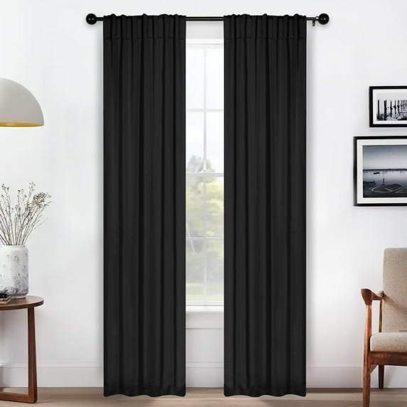 Superior Blackout Solid Light Filtering Back Tab Curtain Panel Set, 26"X 84", Black