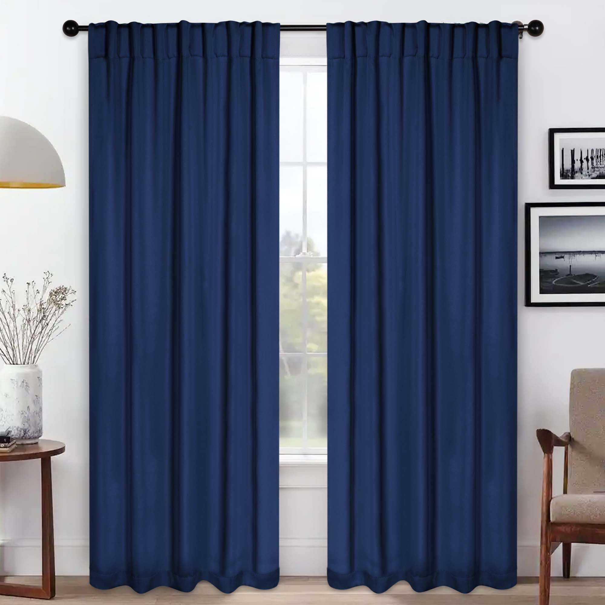Superior Blackout Solid Light Filtering Back Tab Curtain Panel Set, 42" x 108", Navy Blue