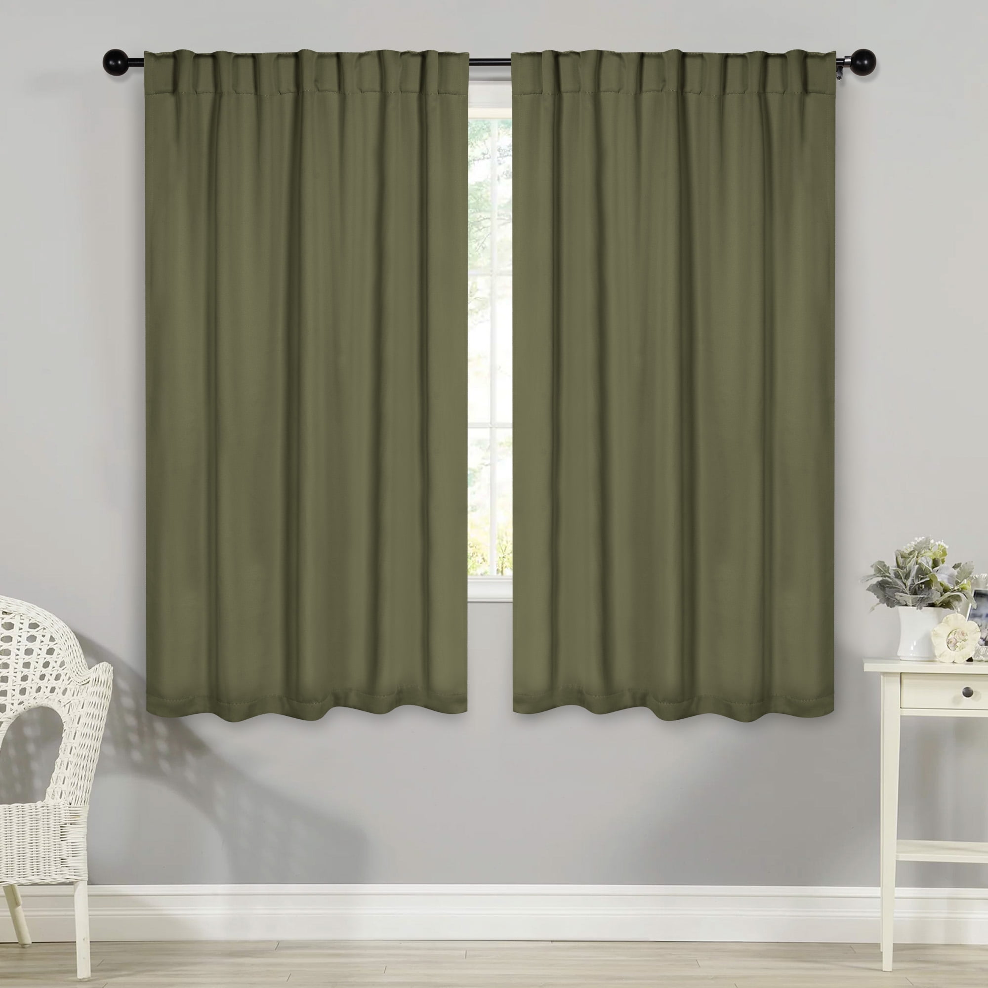 Superior Blackout Solid Light Filtering Back Tab Curtain Panel Set, 42" x 63", Olive Green