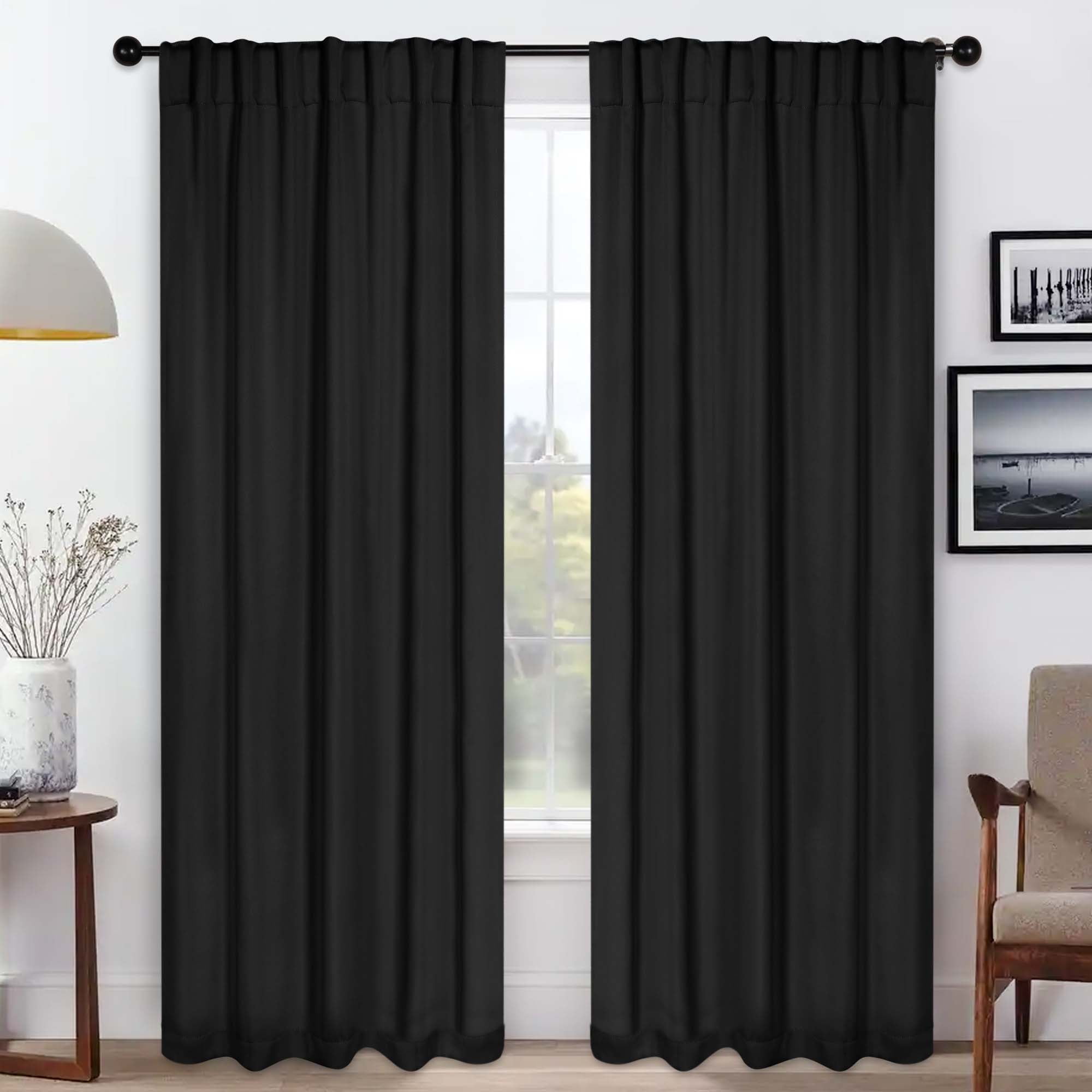 Superior Blackout Solid Light Filtering Back Tab Curtain Panel Set, 42" x 84", Black